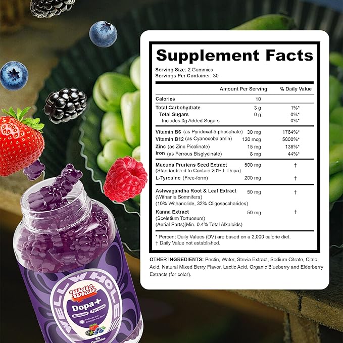 Well&Whole Dopamine Gummies - Mucuna Pruriens Supplements Gummies 500mg with L-Tyrosine 200mg & Ashwagandh, Mood & Focus Support, Berry Flavor, Non-GMO, Gluten-Free, 60cts (1)