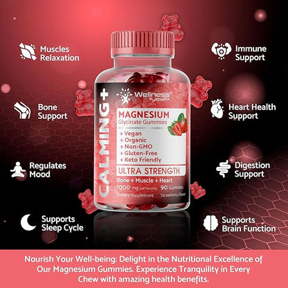 Magnesium Glycinate Gummies, 1000 mg - Magnesium Supplement to Support Relaxation, Heart Health - Chewable Calm Magnesio Gummies for Adults, Glicinato De Magnesio - Strawberry Flavor - Pack of 2