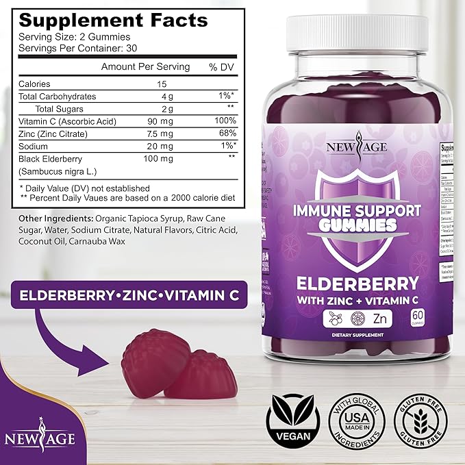NEW AGE Immune System Support Gummies - Sambucus Black Elderberry Gummies with Vitamin C and Zinc (60 Count (Pack of 1))