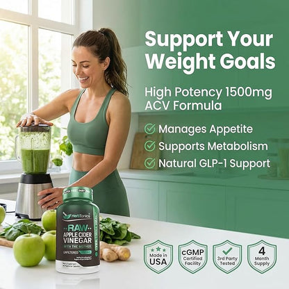 Herbtonics Raw Apple Cider Vinegar Capsules 1500mg with Mother | Weight Management, Detox & Digestion Formula with GLP-1 Support | Unfiltered ACV for Metabolic Support | 240 Vegan Capsules