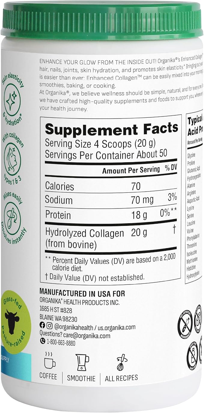 Organika Collagen Powder - for Healthy Hair, Skin, Nails, and Joints. Hydrolyzed Protein Peptides for Better Absorption- Grass-Fed, Non-GMO- Unflavoured- 2.2lbs