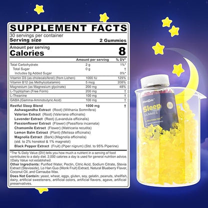 Sleep Gummies Melatonin Free with Magnesium Glycinate, L-Tryptophan, GABA, L-Theanine, Ashwagandha, Natural Sleep Aid Calm Relax Gummy No Melatonin for Adults Extra Strength without Melatonin, 60Cts