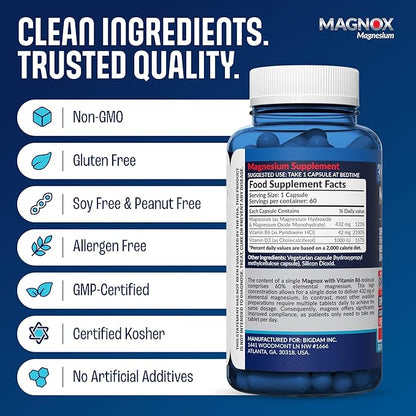 MAGNOX® High Absorption Magnesium Supplement with B6 & D3 Vitamins for Women & Men | Sleep Support | One Capsule a Day for Full Dosage (432mg) Patented & Clinically Tested Formula (60 pils)