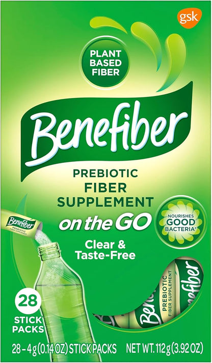 Benefiber On The Go Prebiotic Fiber Supplement Powder for Digestive Health, Daily Fiber, Unflavored - 28 Sticks (3.92 Ounces)