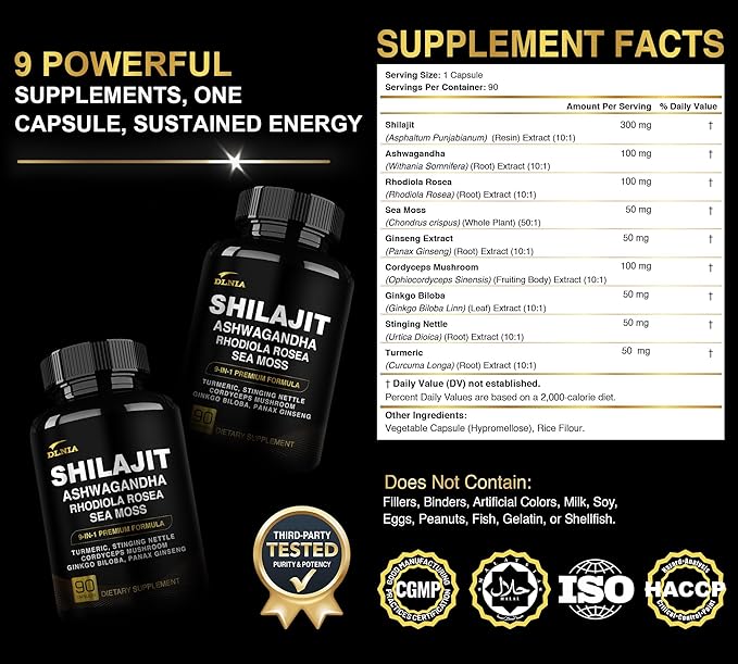 DLNIA Shilajit 9-in-1 Capsules – Organic Himalayan Complex with Ashwagandha, Sea Moss, Turmeric & More – Vegan, Lab-Tested, Immune & Energy Support for Men & Women – 90 Capsules