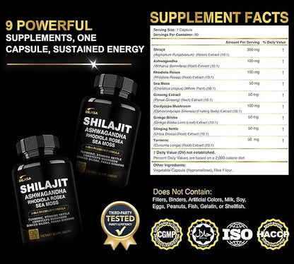 DLNIA Shilajit 9-in-1 Capsules – Organic Himalayan Complex with Ashwagandha, Sea Moss, Turmeric & More – Vegan, Lab-Tested, Immune & Energy Support for Men & Women – 90 Capsules