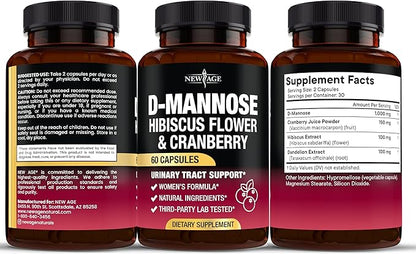 NEW AGE D-Mannose with Cranberry & Hibiscus - High Strength for Urinary Tract Health - Supplement for Women - Bladder, Liver & Microflora Support - Made in USA - Vegan, 180 Capsules