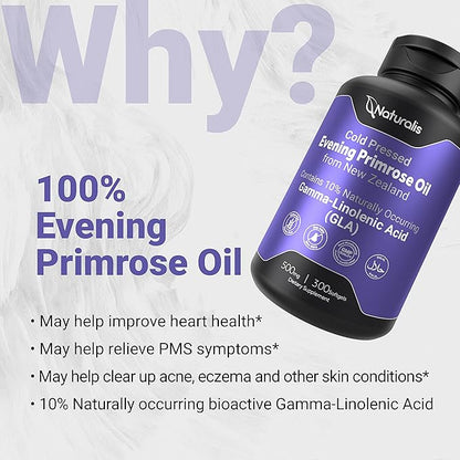 Naturalis Evening Primrose Oil (Cold Pressed) | 100% Natural from New Zealand | Non-GMO, Soy & Gluten Free, Zero Filler | 300 Mini-Softgels