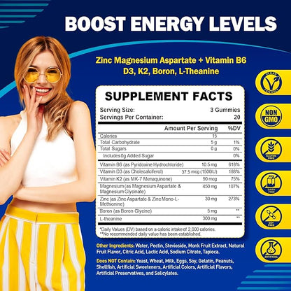 Zinc Magnesium B6 Supplement, Zinc Magnesium Aspartate Gummies with Vitamin B6 D3 K2, L-Theanine & Boron, Support Energy, Muscle Relief & Bone Health, Sugar Free 60 Gummies