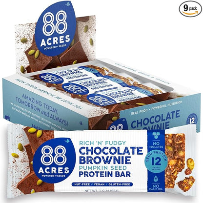 88 Acres Pumpkin Seed Protein Bars, Fudge Brownie, 9 Count, 12g Plant-Based Protein, Gluten Free, Nut Free, School Safe Snack Bar, Vegan, Non-GMO, Individually Wrapped
