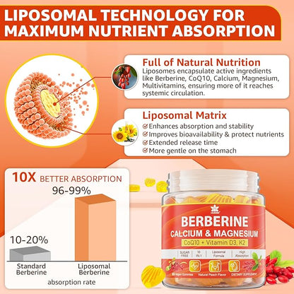 LILICARE Berberine Gummies Sugar Free, Extra Absorption with Liposomal Berberine & Berberine HCI, Calcium, Magnesium, AMPK Activitor for Sugar & Level, Energy, Metabolism,Vegan, Pack of 1
