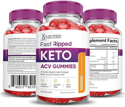 Justified Laboratories (5 Pack Fast Ripped Keto ACV Gummies Advanced Formula 1000MG Fast Ripped Formulated with Pomegranate Beet Juice Powder B12 Vegan Non GMO 300 Gummys
