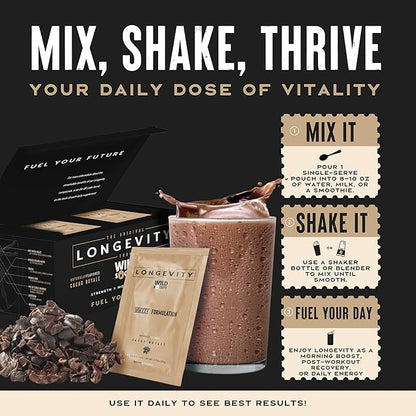 WILD SOCIETY Longevity Shake - Anti Aging Supplement - Protein Powder for Muscle Retention & Recovery, with Whey Isolate, Collagen & Creatine | Cacao Royale, 15 Servings