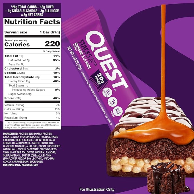 Quest Nutrition Stacks Protein Bars, Brownie a la Mode Flavor, 20g Protein, 3g Net Carbs, 1g Sugar, High Fiber, Low Sugar, Gluten Free, 12 Count