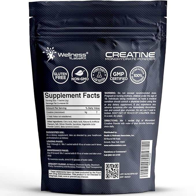 WELLNESS LABSRX Creatine Monohydrate Powder Sachets 300g – Mango Flavor Micronized Creatine Powder Supplement, Creatine for Women and Men, Supports Muscle Strength, Energy, Performance - 60 Servings