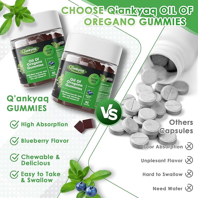 Oregano Oil with Black Seed Oil Organic Gummies for Kids and Adults | 6-in-1 Oregano Oil Supplement | Carvacrol + Thymoquinone | Immune Support with Garlic, Elderberry | Sugar-Free, 180 Chewable