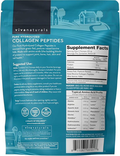 Viva Naturals Collagen Peptides Powder - Grass-Fed Hydrolyzed Bovine, Type I & III - 19 g Protein, Unflavored, Easy Dissolving - Joint, Skin, Hair & Nail Support - Paleo, Keto, Non-GMO - 1lb