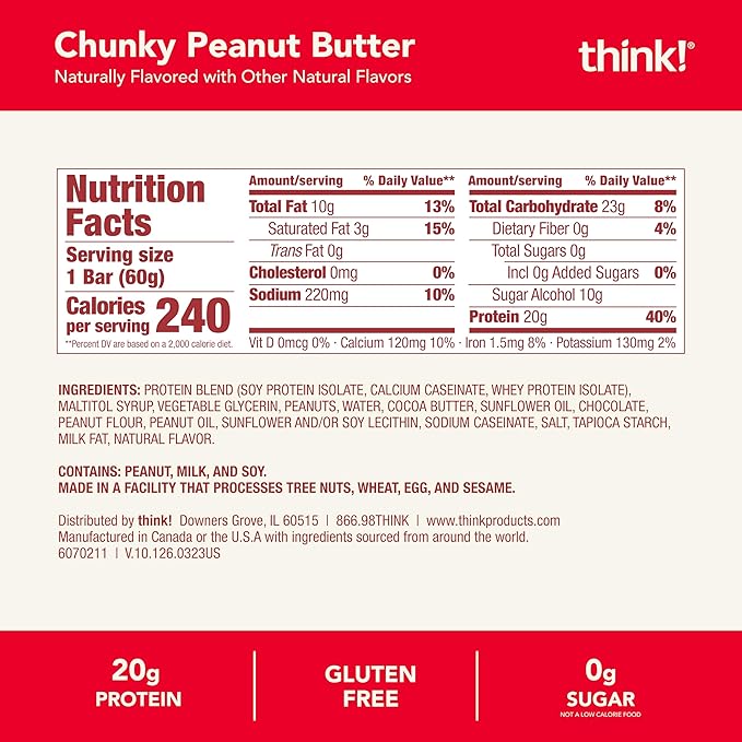 think! Protein Bars, High Protein Snacks, Gluten Free, Kosher Friendly, Chunky Peanut Butter, Nutrition Bars, 2.1 Oz per Bar, 10 Count (Packaging May Vary)