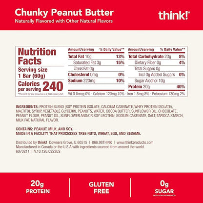 think! Protein Bars, High Protein Snacks, Gluten Free, Kosher Friendly, Chunky Peanut Butter, Nutrition Bars, 2.1 Oz per Bar, 10 Count (Packaging May Vary)