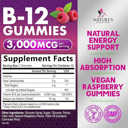 Vitamin B12 Energy Gummies - 3000 mcg per Serving Extra Strength B 12 Gummy for Metabolism & Immune System Support - Chewable Dietary B12 Supplements, Caffeine Free Gummy Vitamin - 120 Gummies