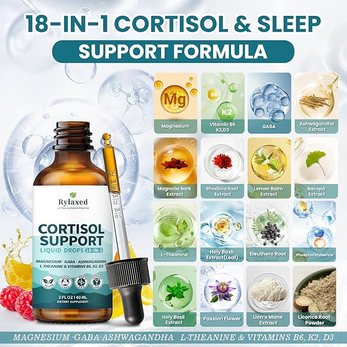 Cortisol Supplements for Women & Men, 18 in 1 Stress & Mood Support Drops with Magnesium 480mg, GABA, Ashwagandha, L-Theanine & Phosphatidylserine, for Relaxation & Sleep, Lemon Raspberry Flavor 60mL