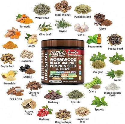 Clean Nutra Wormwood Black Walnut Pumpkin Seed Clove Oil Celery Garlic Grape Papaya Neem Diatomaceous Earth Womens Probiotic Gut Health Cleanse Detox Oregano Olive Turmeric Supplement Vegan Capsules