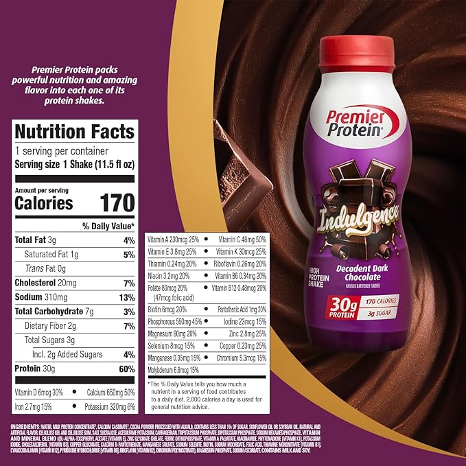Premier Protein Shake INDULGENCE,Decadent Dark Chocolate,30g Protein,170 Calories,3g Sugar,11.5 fl oz (Packaging May Vary),(Pack of 24)