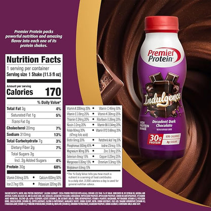 Premier Protein Shake INDULGENCE, Decadent Dark Chocolate, 30g Protein, 170 Calories, 3g Sugar, 11.5 fl oz, 12 Pack (Packaging May Vary)