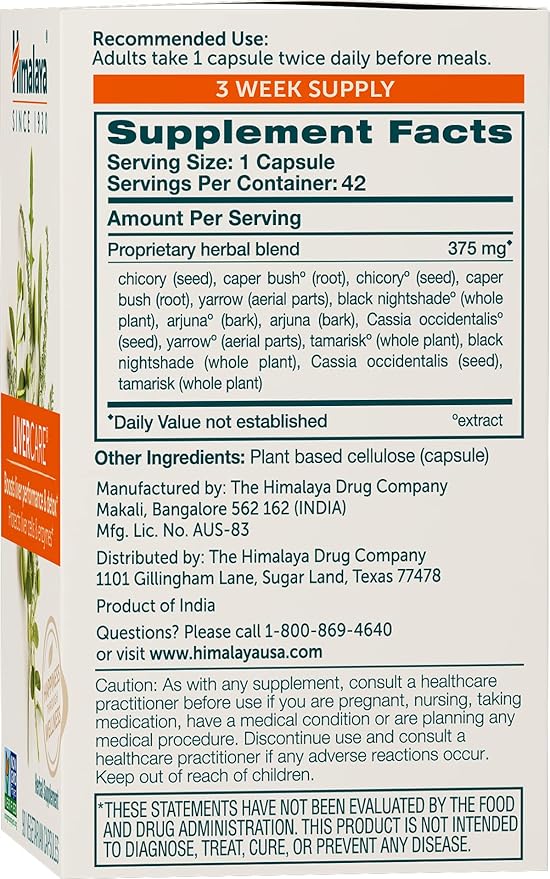 Himalaya LiverCare - Herbal Liver Support Promoting Waste Elimination, Liver Cleanse, Detox, and Bile Production - Vegan, Non-GMO, Gluten Free, 375 mg, 42 Capsules