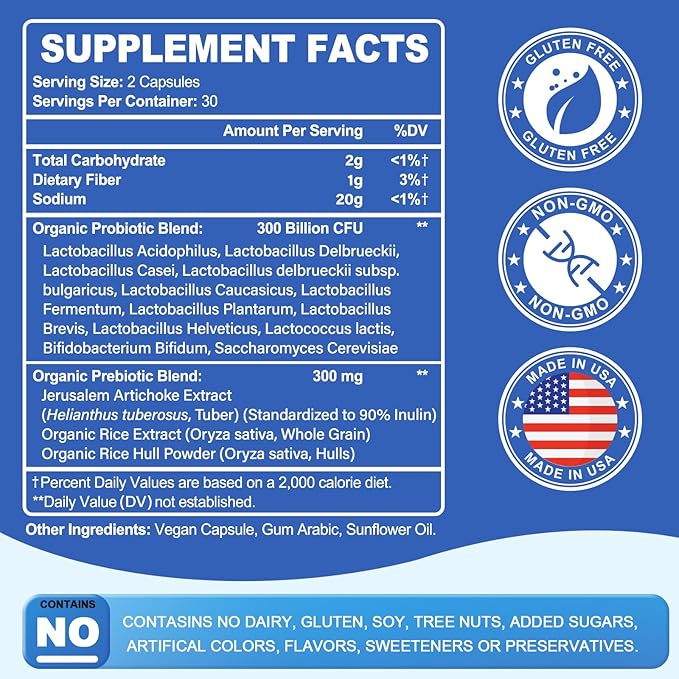 Probiotic 300 Billion CFU - 12 Strains with Organic Prebiotics for Digestive & Gut, Immune, Bloating Health - Probiotics for Women and Men - Daily Dairy Free, Shelf Stable - 60 Counts