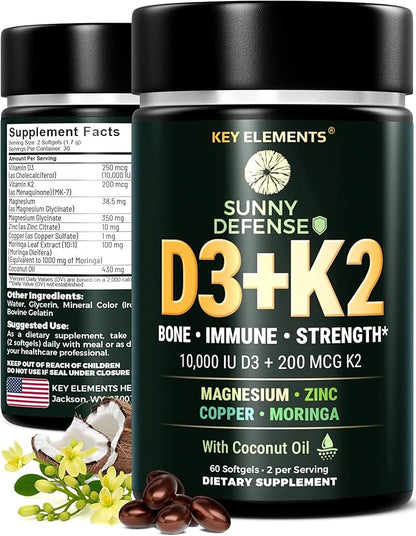 KEY ELEMENTS D3 K2 Vitamin 10,000 IU with Magnesium Glycinate 350mg, Zinc and Moringa - Bone & Immune Support - Vitamin D with K2 MK-7 200mcg - Non-GMO, Gluten-Free Softgels