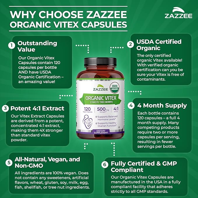 Zazzee USDA Organic Vitex 4:1 Extract, 120 Vegan Capsules, 4 Month Supply, Chaste Berry, Hormonal Balance & Cycle Support for Women, Certified Kosher, Vitex Agnus-Castus, Non-GMO, Made in the USA