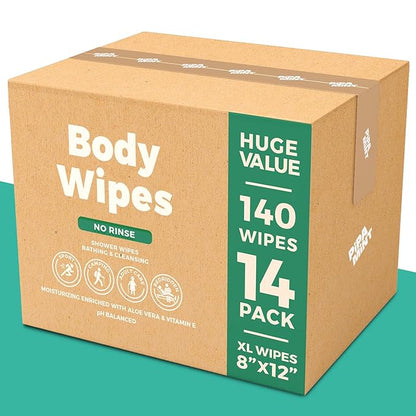 Body Wipes - (14 Pack) - 140 XL Bath Wipes for Adults No Rinse, Adult Wipe for Elderly - Body & Face Gentle Skin Cleansing, Shower Wipe Bathing for Travel, Elderly, Car, Gym, Camping (8x12 Inch)