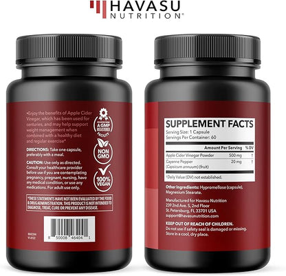 Apple Cider Vinegar Capsules with Cayenne Pepper - Bloating Relief and Appetite Suppressant - 500mg ACV and 20mg Capsicum Annuum Per Serving Unflavored - 60 Count - Vegan, Non-GMO - 2 Month Supply