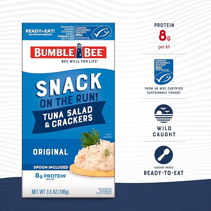 Bumble Bee Snack On The Run! Protein Snack Pack - 8g Protein per Box - Original Tuna Salad with Crackers Kit - Ready to Eat Easy-Open Can - Wild Caught MSC-Certified Tuna (Pack of 12)