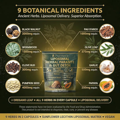 Liposomal Herbal Parasite & Gut Detox, 120 Capsules, 5X Better Absorption, with Black Walnut, Wormwood, Clove, Pumpkin Seed, Garlic, Oregano, PAU D'Arco, Papaya