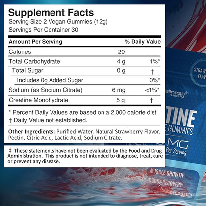 Creatine Gummies 5000mg, 30 Servings Creatine Monohydrate Gummies - Third-Party Tested Creatine for Women, Strawberry Flavor Creatine for Men, Muscle Growth, Strength, and Recovery - Pack of 1