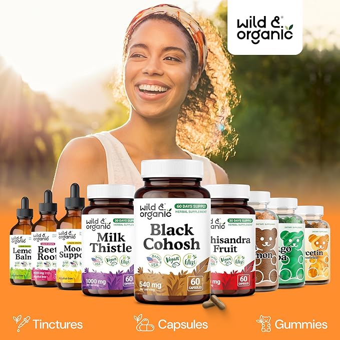 Wild & Organic Black Cohosh Capsules 540 mg - Menopause Supplements for Women - Black Cohosh Root Supplement - Actaea Racemosa Herb - 60 Days of Supply - Vegan, No Fillers, Non-GMO - 60 Count