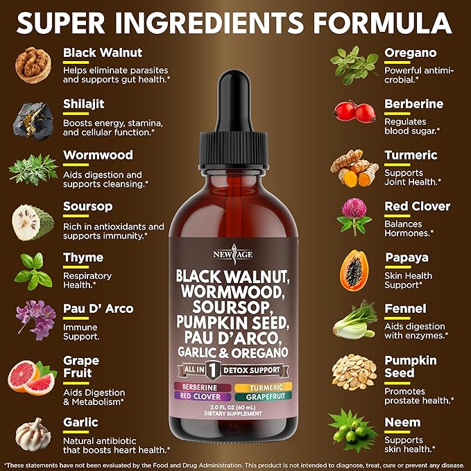 Black Walnut Wormwood Cleanse Drops - Liquid Soursop, Garlic, Pumpkin Seed, PAU D'Arco, Oil of Oregano, Turmeric, Berberine, Neem Extract, Hull Bark, Tincture - 8oz
