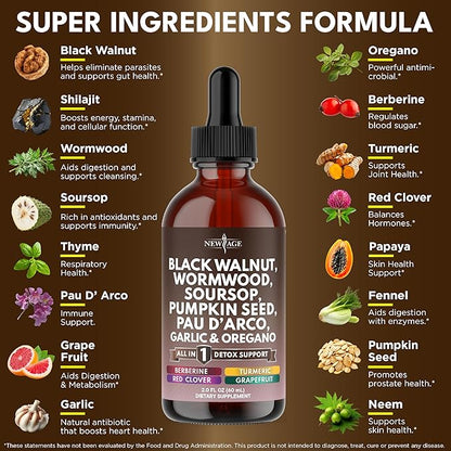 Black Walnut Wormwood Cleanse Drops - Liquid Soursop, Garlic, Pumpkin Seed, PAU D'Arco, Oil of Oregano, Turmeric, Berberine, Neem Extract, Hull Bark, Tincture - 2oz