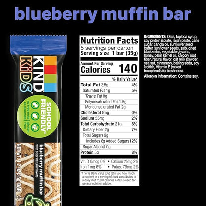 KIND Kids Granola Bars, Blueberry Muffin, Gluten Free, Low Sodium, Peanut and Tree Nut Free Snacks, 5g Protein, 5 Count
