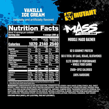 Mutant Mass Extreme Gainer Protein Powder – High Calorie Weight Gainer with Whey Protein & BCAAs for Muscle Mass & Weight Gain - Vanilla Ice Cream 6 lbs