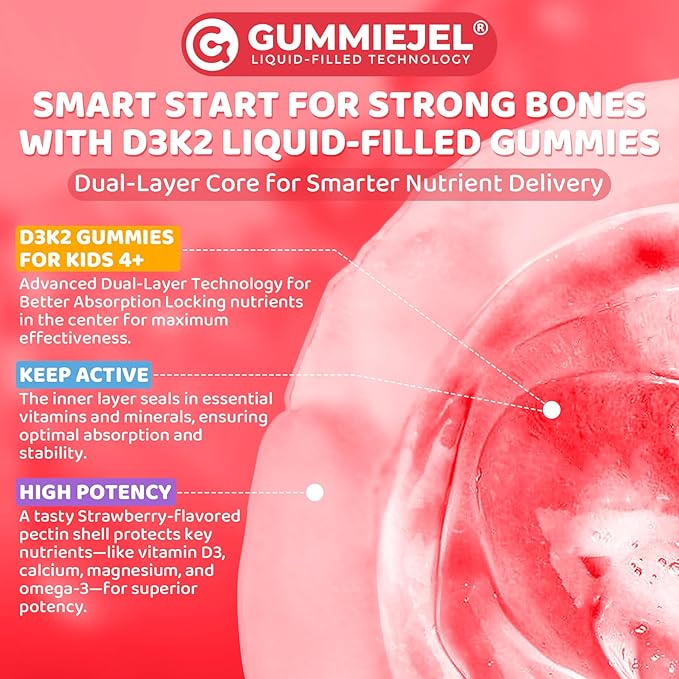 Vitamin D3 K2 + Calcium Liquid-filled Gummies for Kids & Teens, 1000IU / 2000IU D3 with Magnesium, Algal Omega 3, Kids Vitamins for Bones & Teeth, Calcium Absorption, Brain, Immune, Sugar-Free, 60Cts