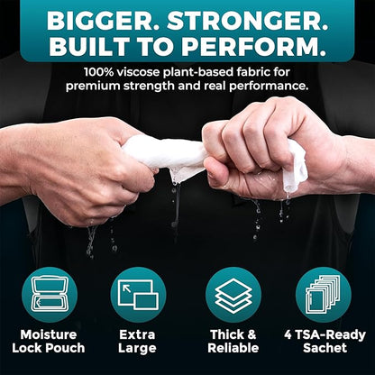 XL Body Wipes for Men - 50 No Rinse Shower Sheets + 4 Travel Bath Sachets - 10 x 11.5" After Gym Mens Deodorant Wipes - Adult Disposable Washcloths, Face Towels for Camping Essentials & Survival Gear