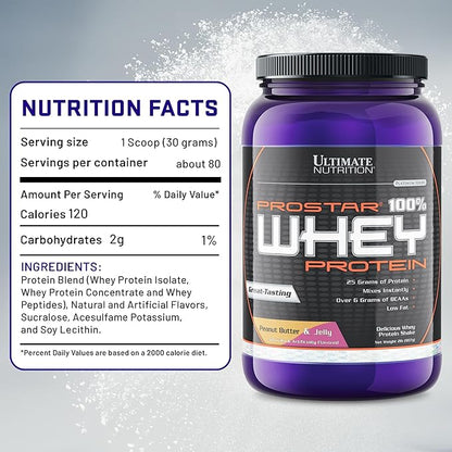 Ultimate Nutrition Prostar Whey Protein Powder Isolate, Peanut Butter & Jelly - Low Carb, High Protein Powder Shake for Muscle Gain & Recovery - Low Sodium, Low-Fat & Keto Friendly - 2 lbs Tub