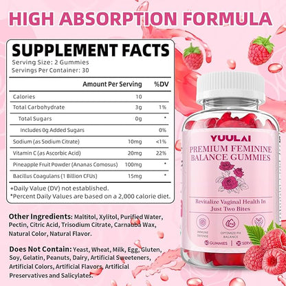 Pack of 2 Premium Feminine Balance Gummies, Hawaiian Pineapple Feminine Gummies for Women PH Balance & Vaginal Health, 120