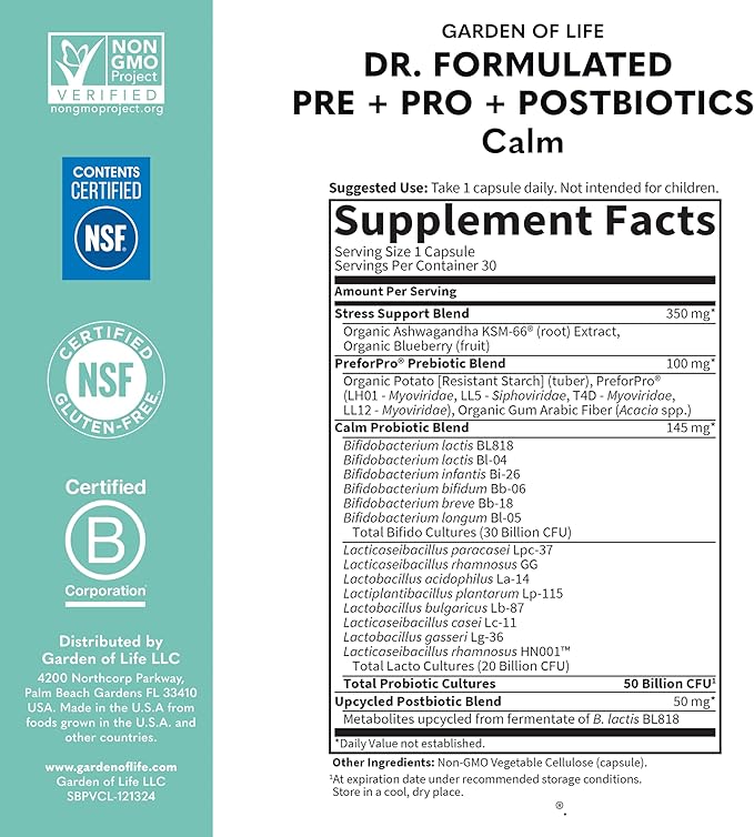 Garden of Life Dr. Formulated Pre,Post & Probiotics Calm 50 Billion CFU Daily 3-in-1 Complete Supplement with Ashwagandha – Mood Support,Digestive & Immune Support,30 Vegetarian Capsules,(Pack of 2)