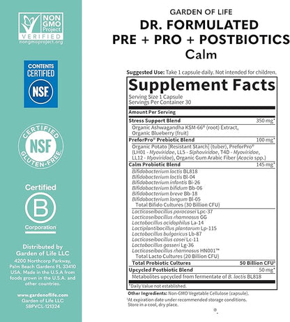Garden of Life Dr. Formulated Pre,Post & Probiotics Calm 50 Billion CFU Daily 3-in-1 Complete Supplement with Ashwagandha – Mood Support,Digestive & Immune Support,30 Vegetarian Capsules,(Pack of 2)