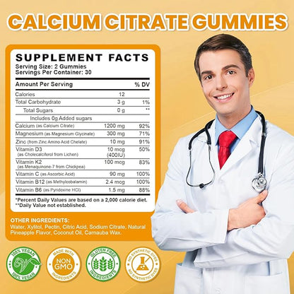 Calcium Citrate Gummies - 1200mg Calcium Gummies Supplements for Women & Men with Vitamin D3, K2, Magnesium, Zinc High Absorption for Bone, Muscle & Immune Support, Pineapple Flavor, 60 Count