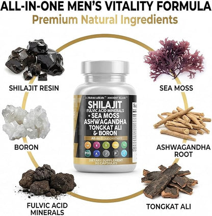 Clean Nutraceuticals Shilajit Supplement for Men with Sea Moss, Tongkat Ali, Ashwagandha, Boron, Zinc, CoQ10, PQQ - Fulvic Acid Capsules - Energy Support - 90 Count - Resin, Gummy & Powder Alternative